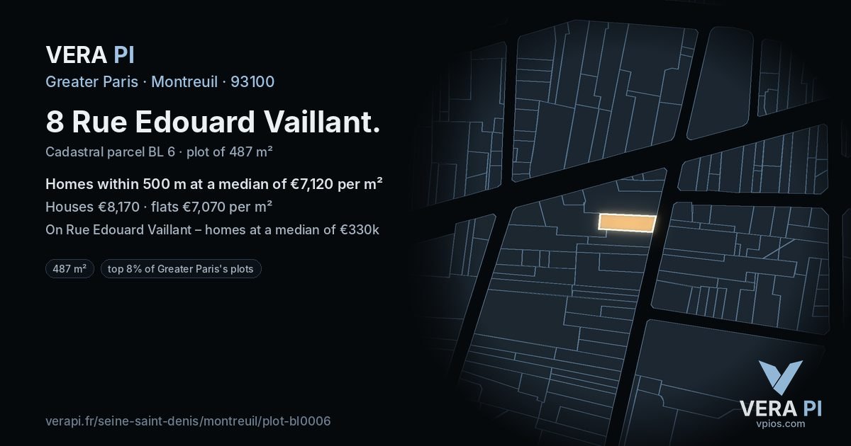 8 Rue Edouard Vaillant, Montreuil at night – the plot lit, the parcels around coloured by the prices near them
