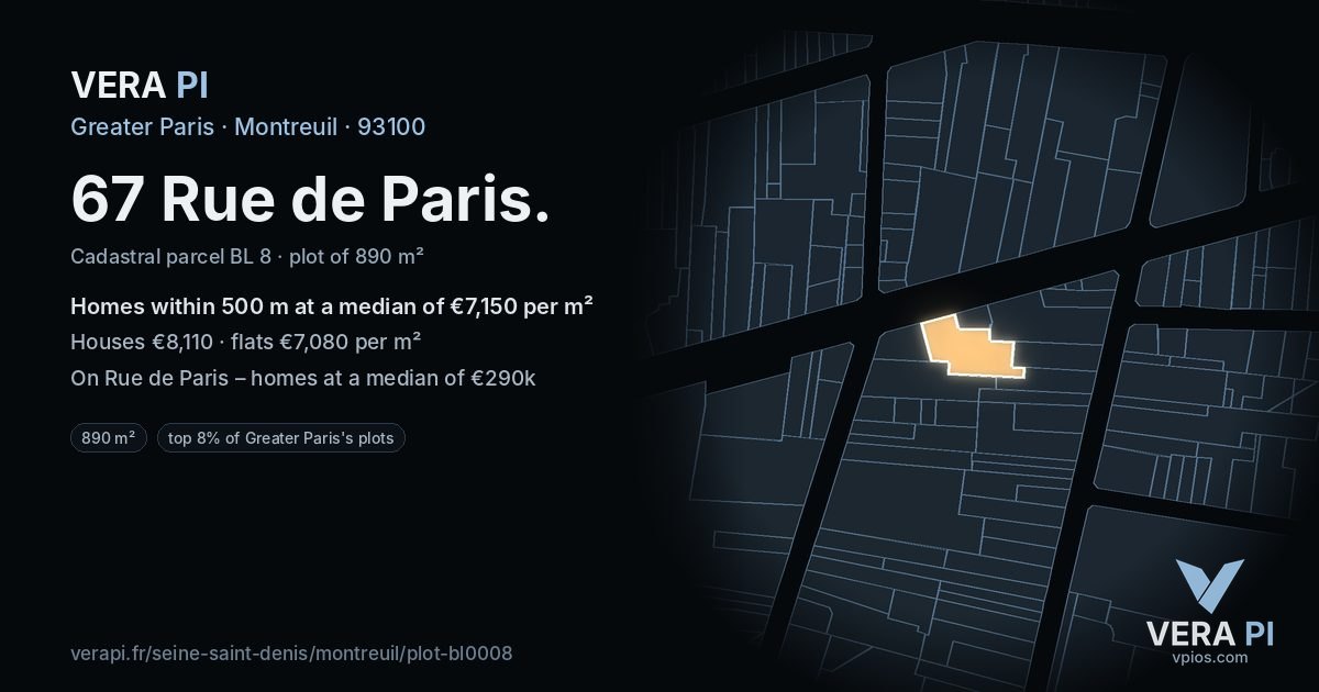 67 Rue de Paris, Montreuil at night – the plot lit, the parcels around coloured by the prices near them