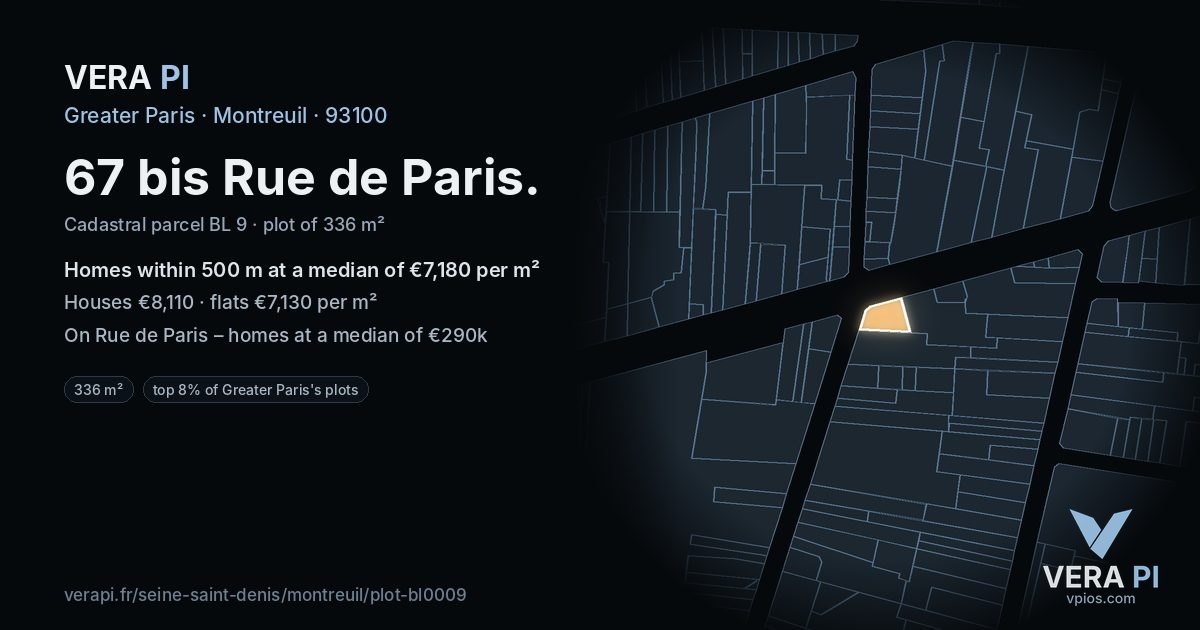 67 bis Rue de Paris, Montreuil at night – the plot lit, the parcels around coloured by the prices near them