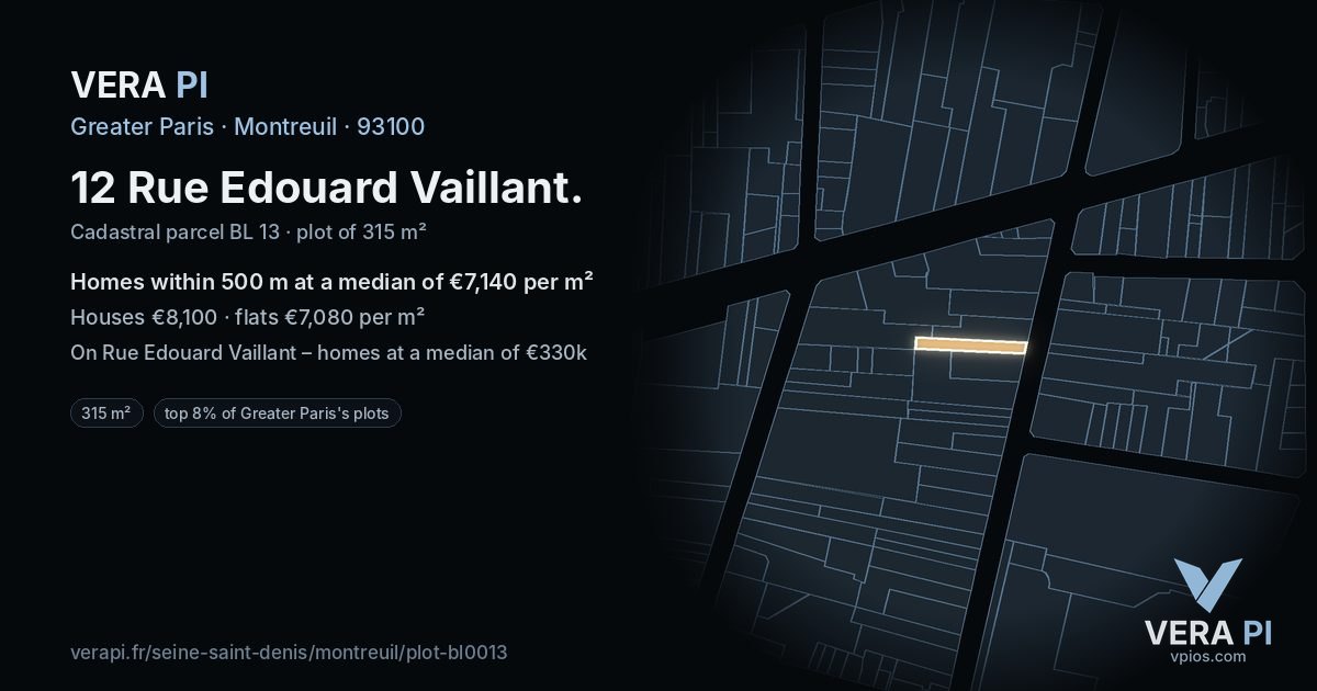 12 Rue Edouard Vaillant, Montreuil at night – the plot lit, the parcels around coloured by the prices near them