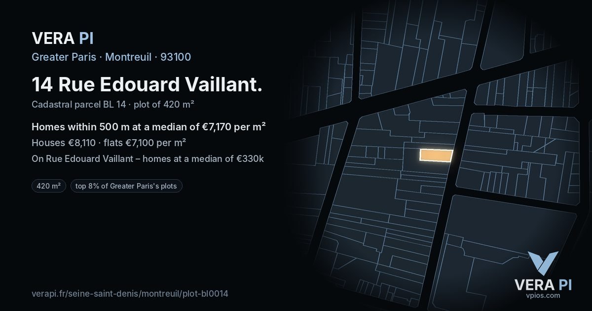 14 Rue Edouard Vaillant, Montreuil at night – the plot lit, the parcels around coloured by the prices near them