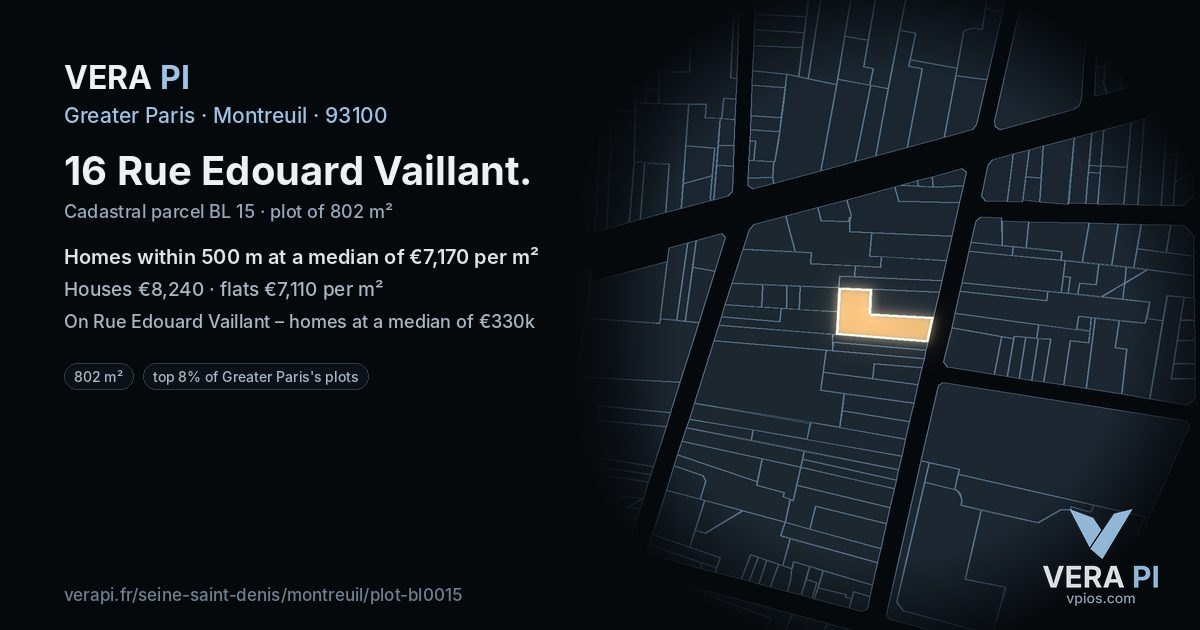 16 Rue Edouard Vaillant, Montreuil at night – the plot lit, the parcels around coloured by the prices near them