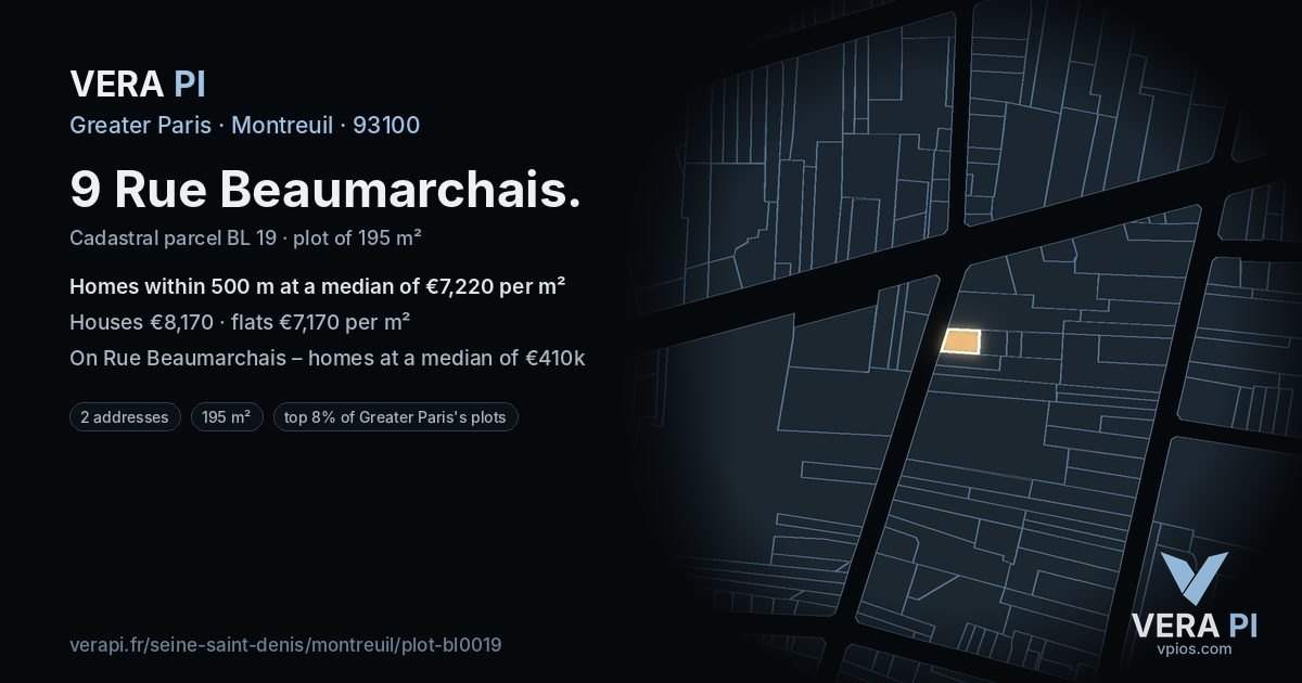9 Rue Beaumarchais, Montreuil at night – the plot lit, the parcels around coloured by the prices near them