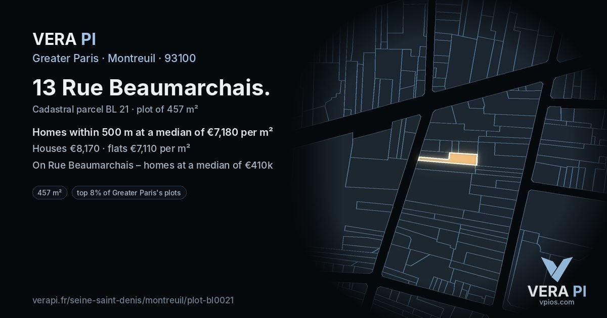 13 Rue Beaumarchais, Montreuil at night – the plot lit, the parcels around coloured by the prices near them