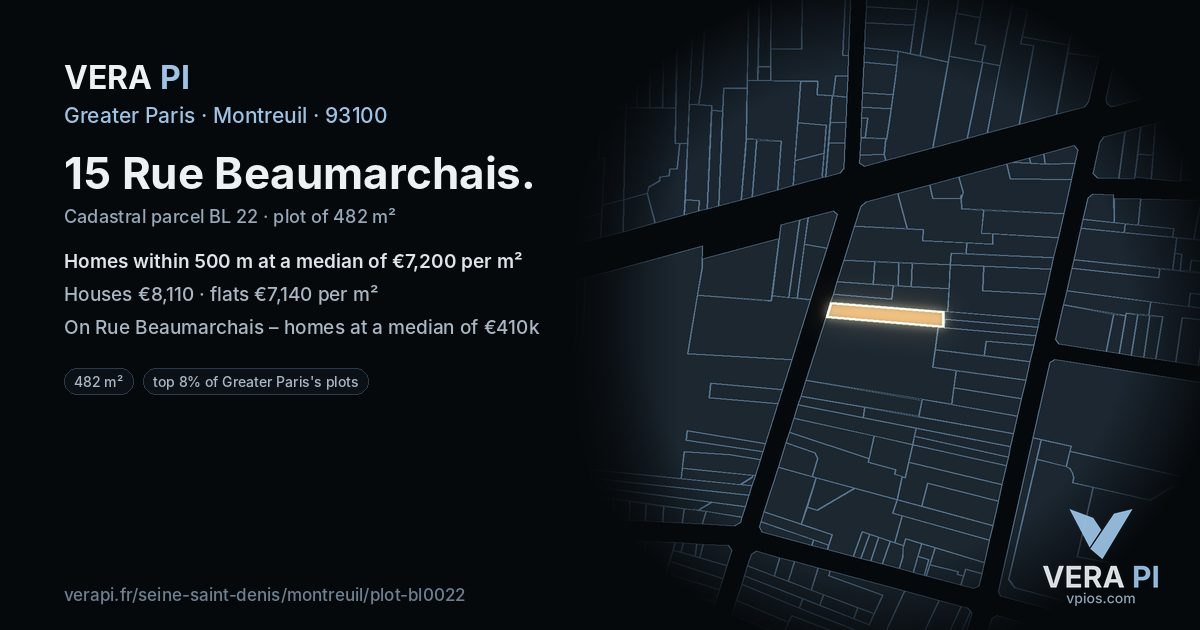 15 Rue Beaumarchais, Montreuil at night – the plot lit, the parcels around coloured by the prices near them
