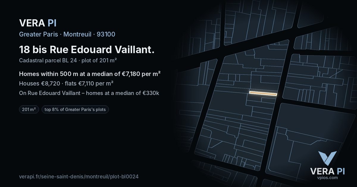 18 bis Rue Edouard Vaillant, Montreuil at night – the plot lit, the parcels around coloured by the prices near them
