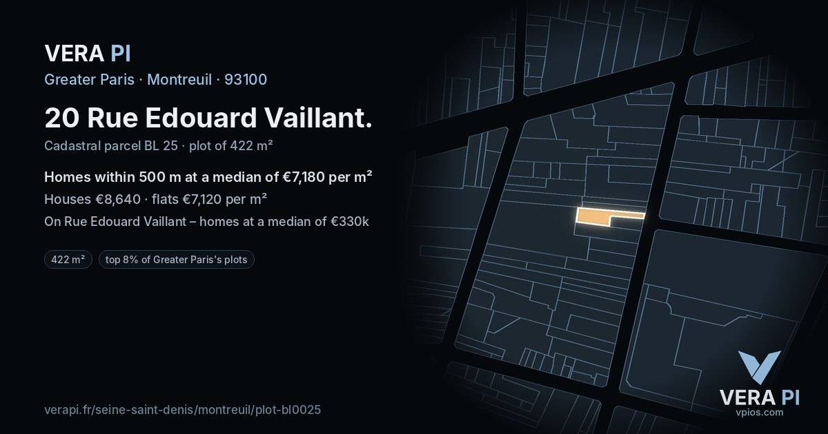 20 Rue Edouard Vaillant, Montreuil at night – the plot lit, the parcels around coloured by the prices near them