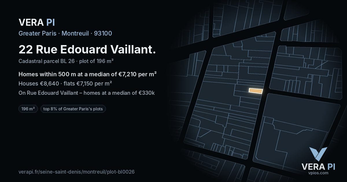 22 Rue Edouard Vaillant, Montreuil at night – the plot lit, the parcels around coloured by the prices near them