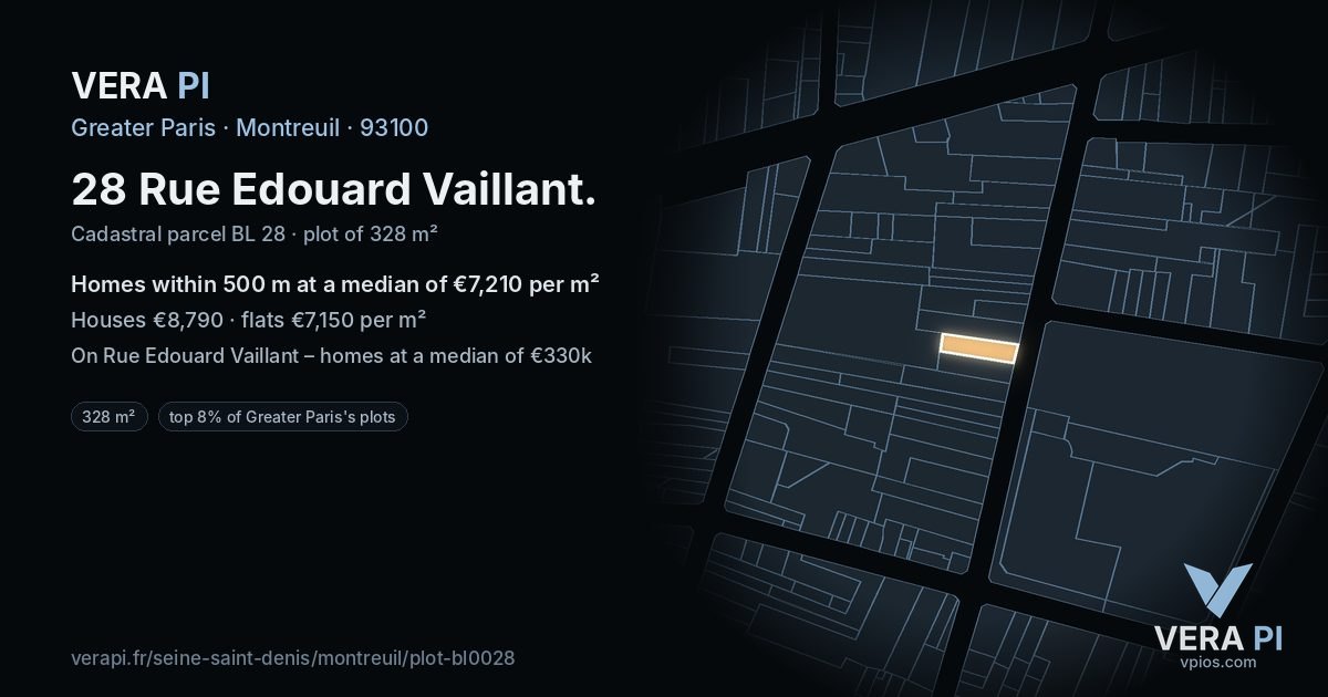 28 Rue Edouard Vaillant, Montreuil at night – the plot lit, the parcels around coloured by the prices near them