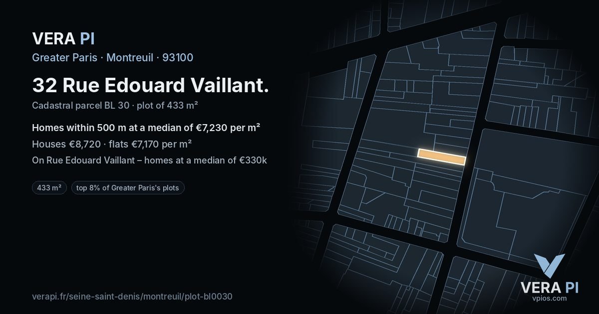 32 Rue Edouard Vaillant, Montreuil at night – the plot lit, the parcels around coloured by the prices near them