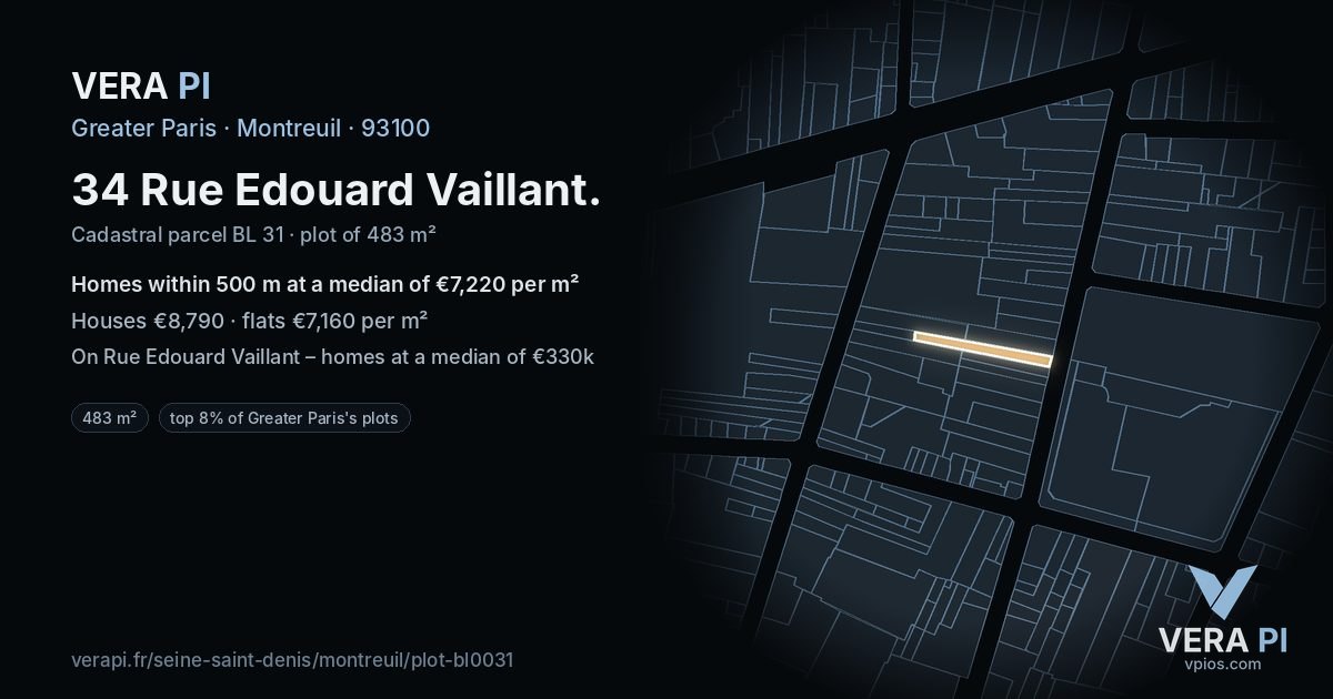 34 Rue Edouard Vaillant, Montreuil at night – the plot lit, the parcels around coloured by the prices near them