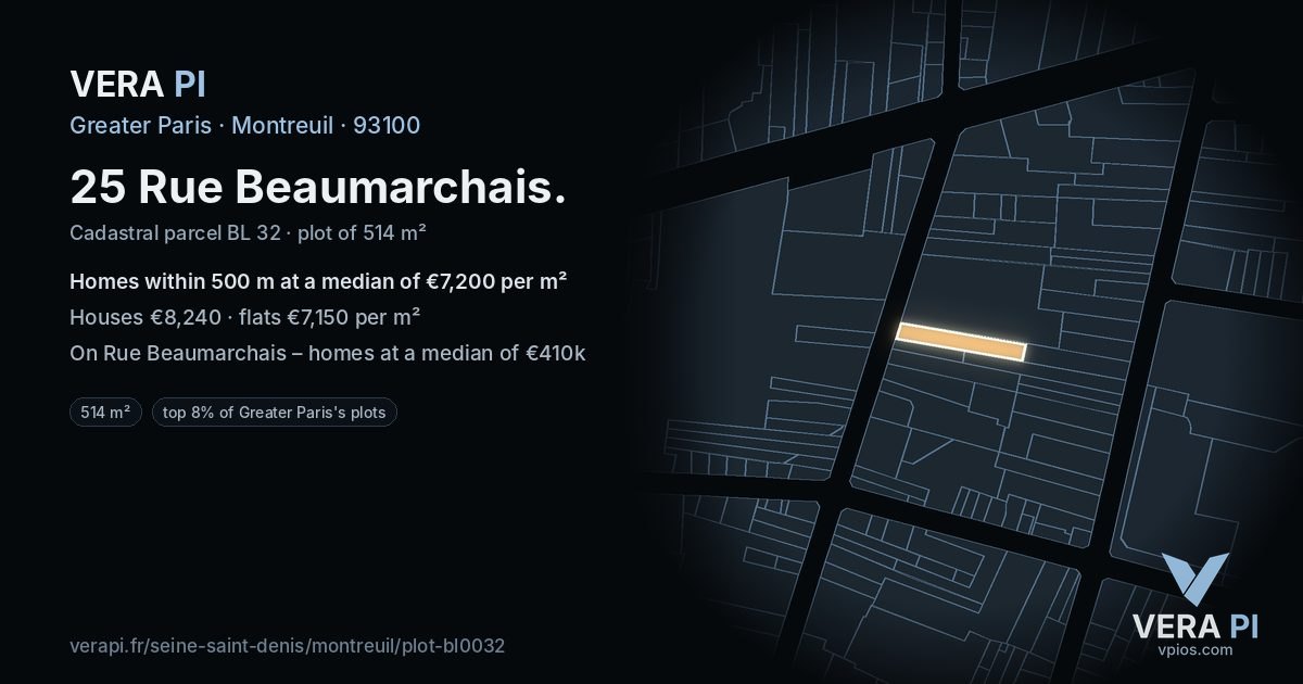 25 Rue Beaumarchais, Montreuil at night – the plot lit, the parcels around coloured by the prices near them