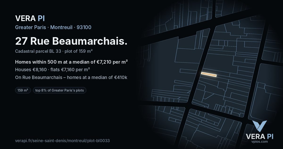 27 Rue Beaumarchais, Montreuil at night – the plot lit, the parcels around coloured by the prices near them