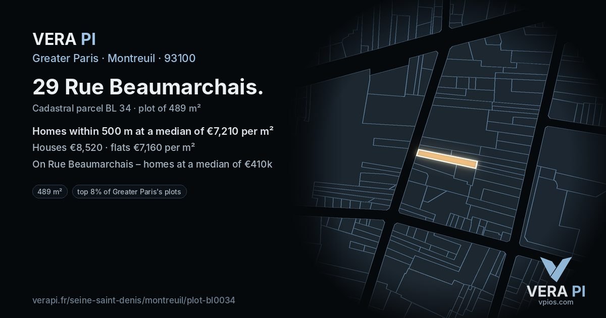 29 Rue Beaumarchais, Montreuil at night – the plot lit, the parcels around coloured by the prices near them