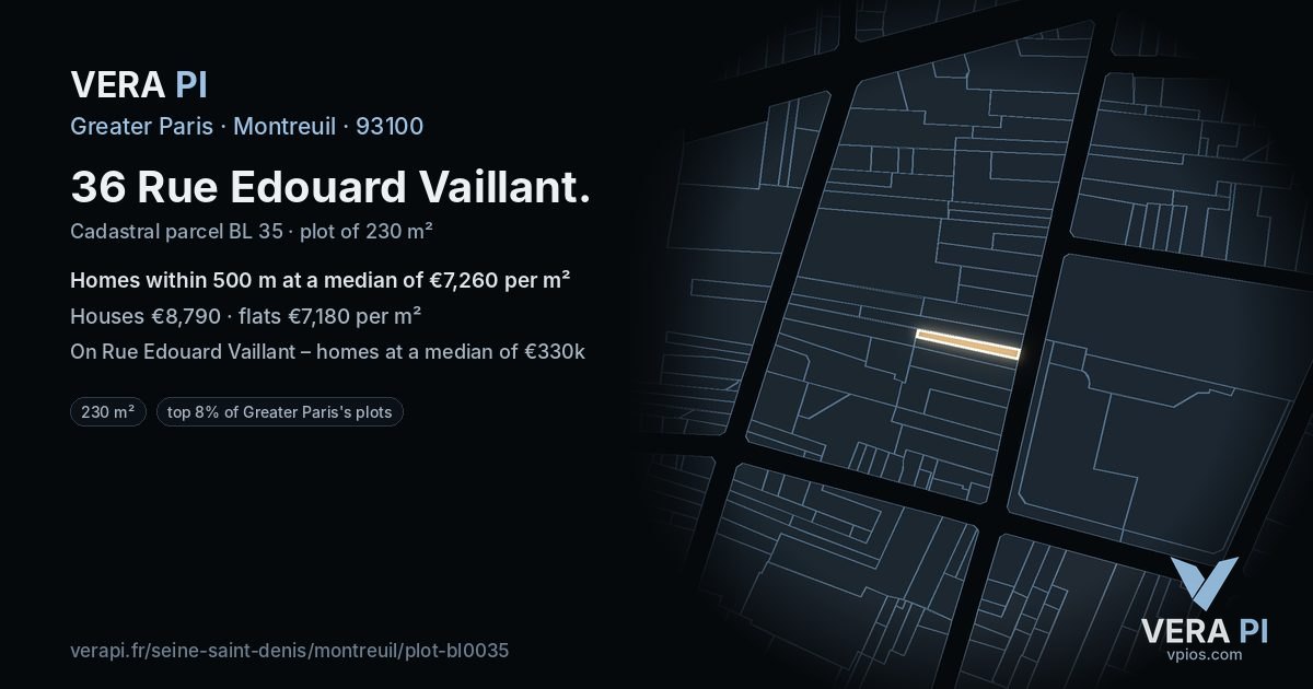 36 Rue Edouard Vaillant, Montreuil at night – the plot lit, the parcels around coloured by the prices near them