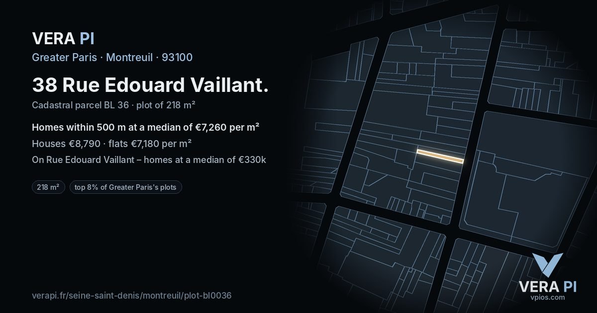 38 Rue Edouard Vaillant, Montreuil at night – the plot lit, the parcels around coloured by the prices near them