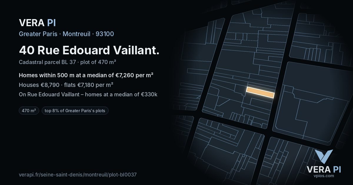 40 Rue Edouard Vaillant, Montreuil at night – the plot lit, the parcels around coloured by the prices near them