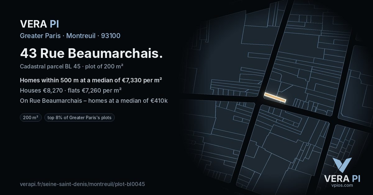 43 Rue Beaumarchais, Montreuil at night – the plot lit, the parcels around coloured by the prices near them