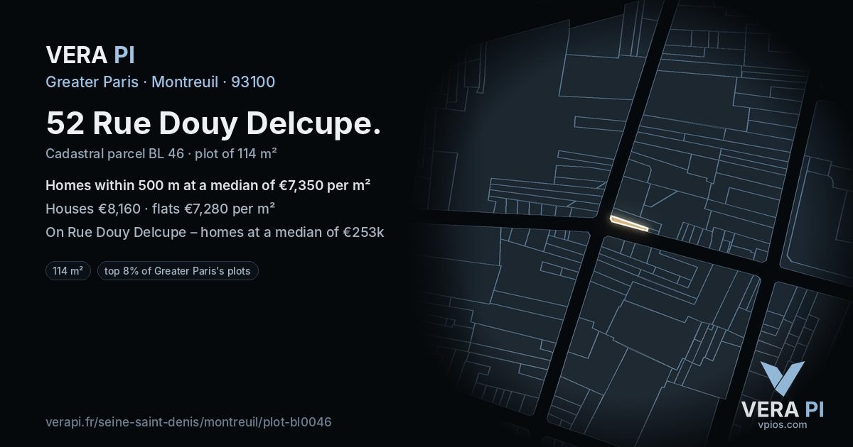 52 Rue Douy Delcupe, Montreuil at night – the plot lit, the parcels around coloured by the prices near them