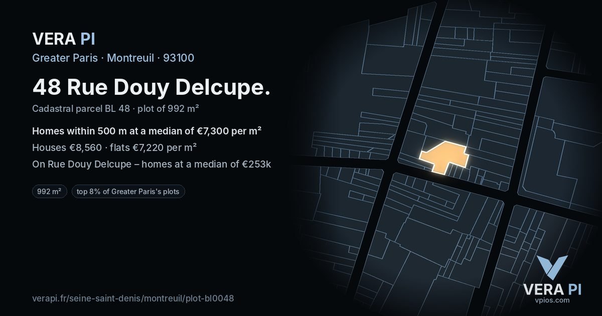 48 Rue Douy Delcupe, Montreuil at night – the plot lit, the parcels around coloured by the prices near them