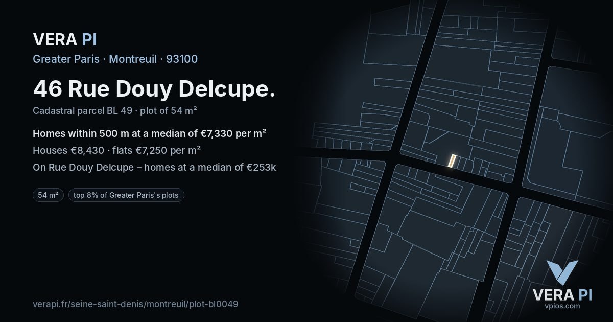 46 Rue Douy Delcupe, Montreuil at night – the plot lit, the parcels around coloured by the prices near them