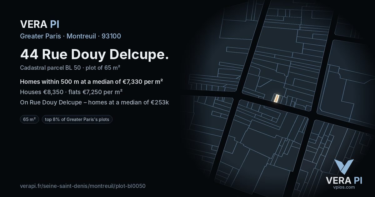 44 Rue Douy Delcupe, Montreuil at night – the plot lit, the parcels around coloured by the prices near them