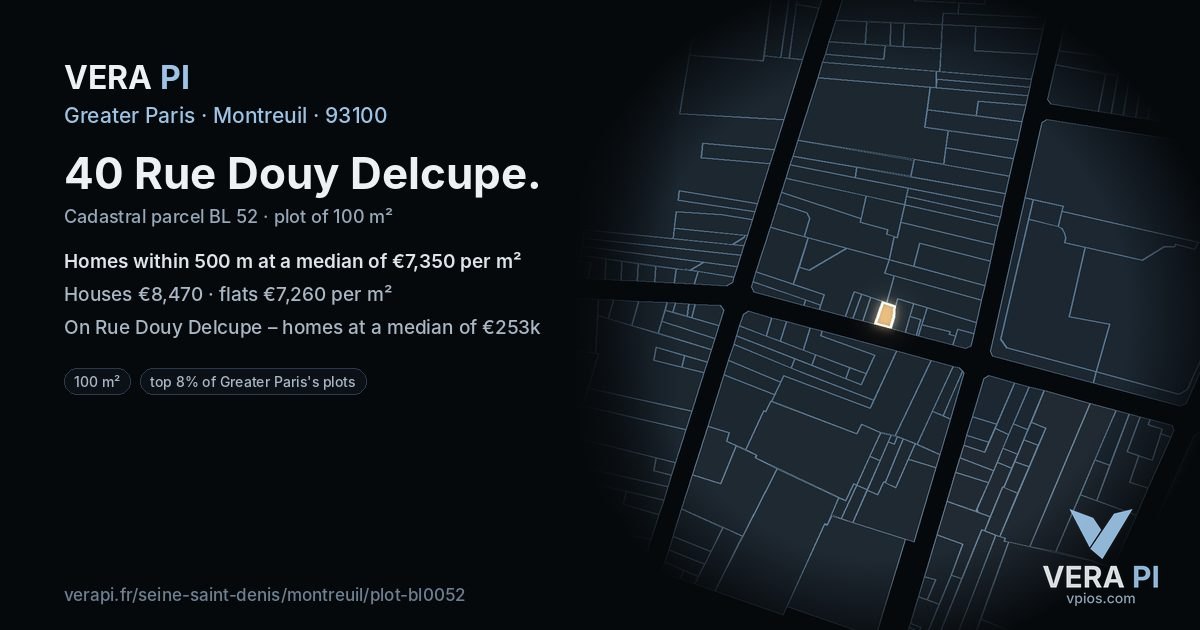 40 Rue Douy Delcupe, Montreuil at night – the plot lit, the parcels around coloured by the prices near them
