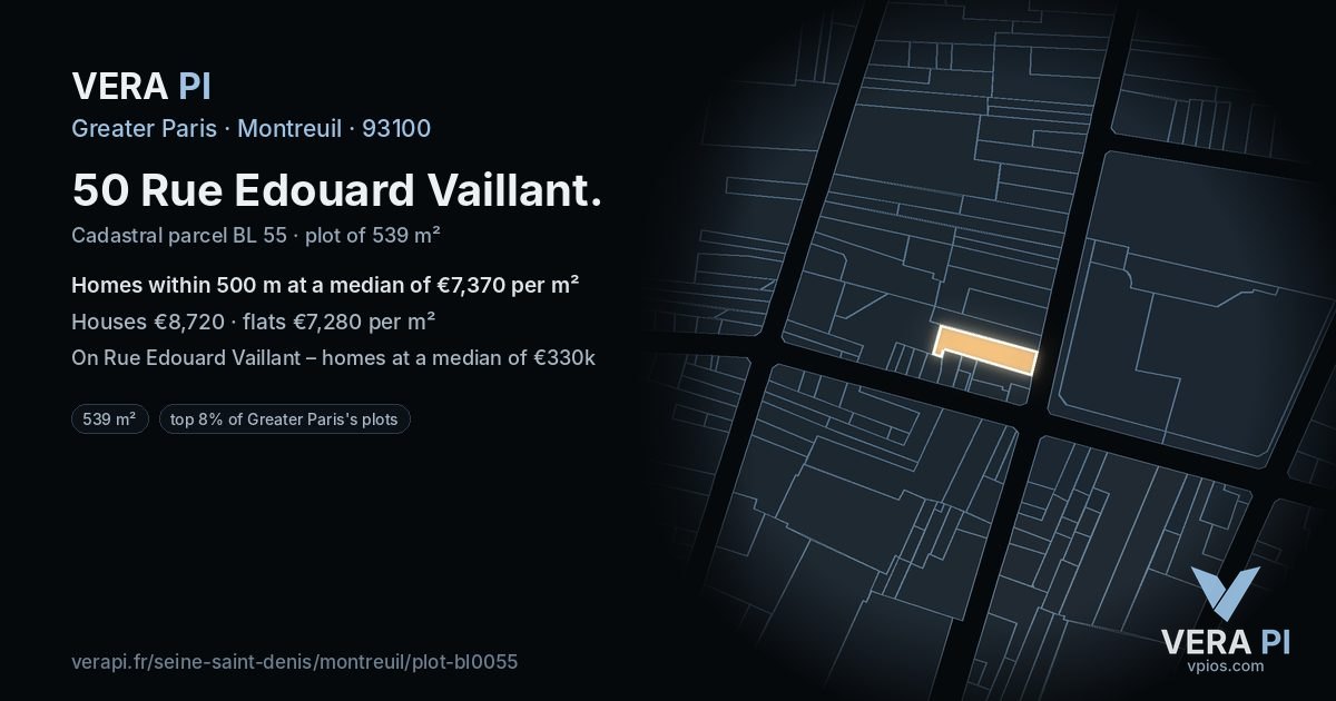50 Rue Edouard Vaillant, Montreuil at night – the plot lit, the parcels around coloured by the prices near them
