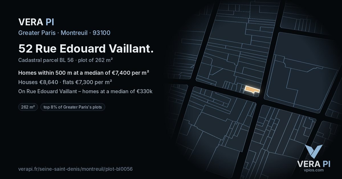 52 Rue Edouard Vaillant, Montreuil at night – the plot lit, the parcels around coloured by the prices near them