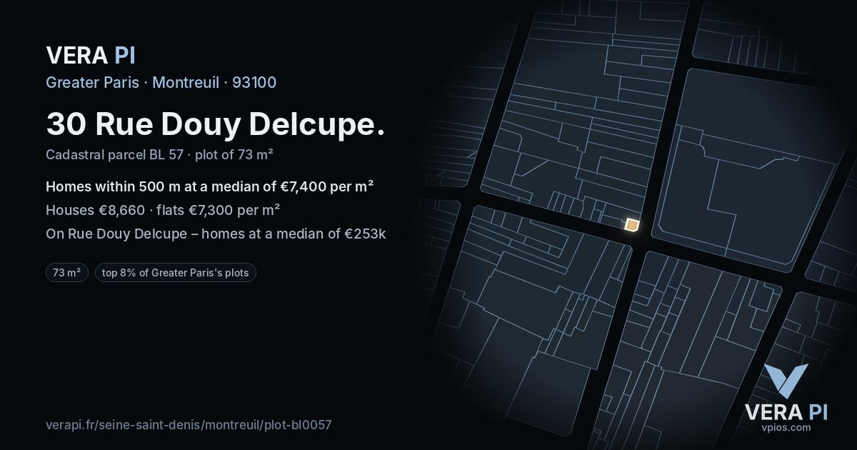 30 Rue Douy Delcupe, Montreuil at night – the plot lit, the parcels around coloured by the prices near them