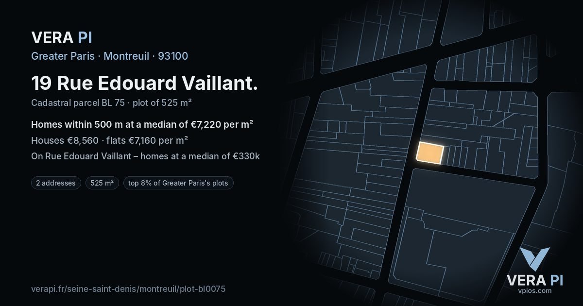 19 Rue Edouard Vaillant, Montreuil at night – the plot lit, the parcels around coloured by the prices near them