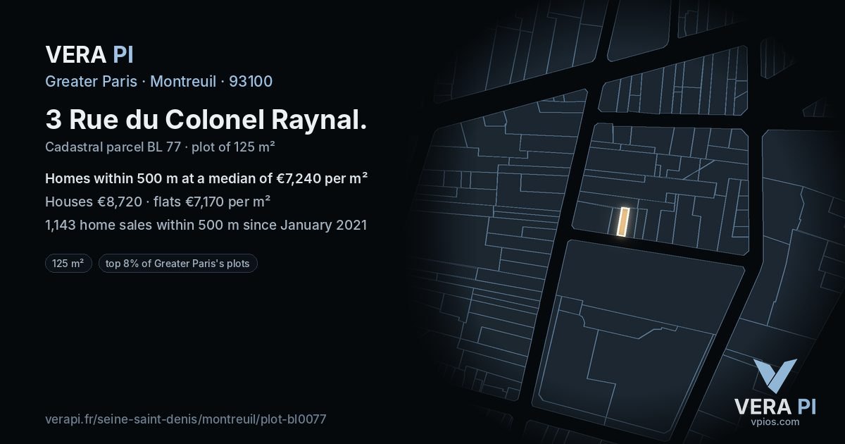 3 Rue du Colonel Raynal, Montreuil at night – the plot lit, the parcels around coloured by the prices near them