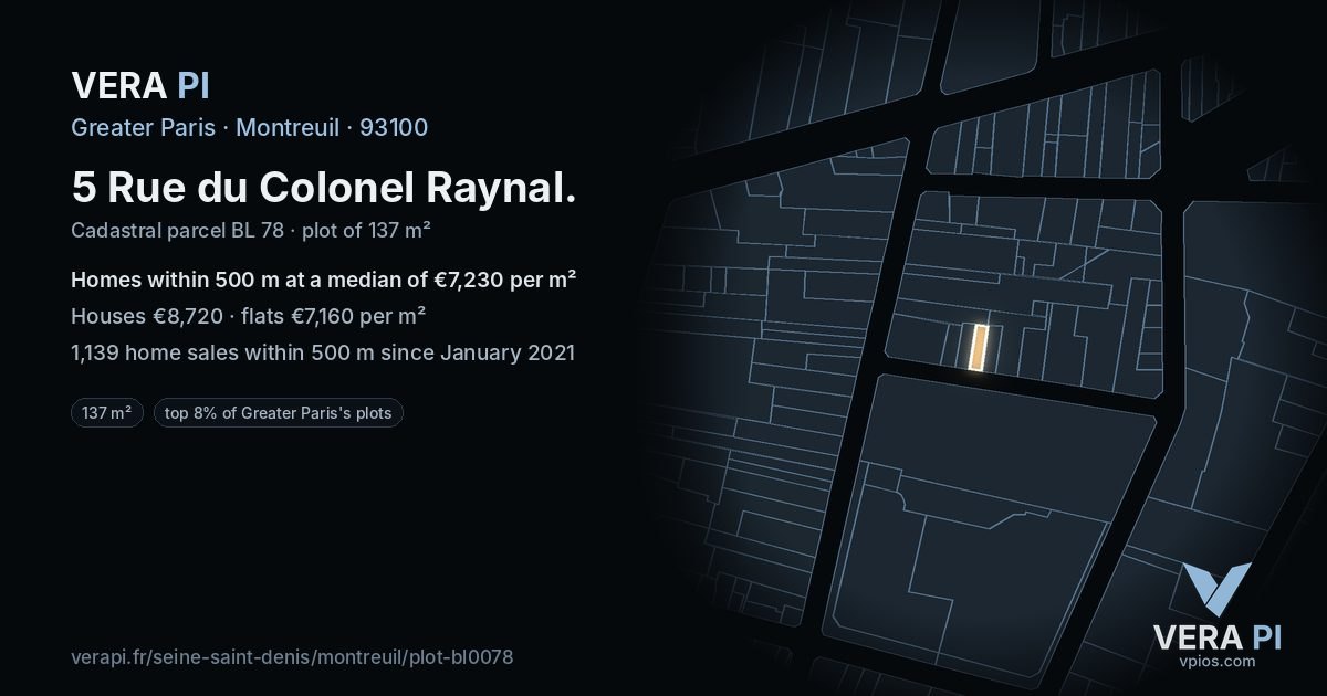 5 Rue du Colonel Raynal, Montreuil at night – the plot lit, the parcels around coloured by the prices near them