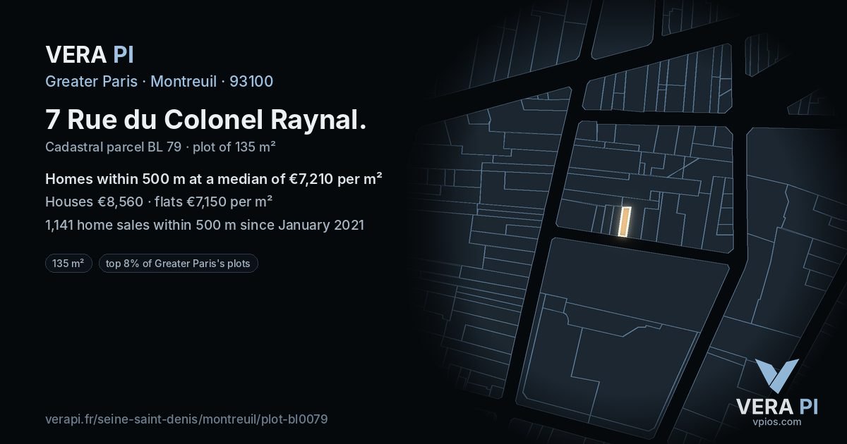 7 Rue du Colonel Raynal, Montreuil at night – the plot lit, the parcels around coloured by the prices near them
