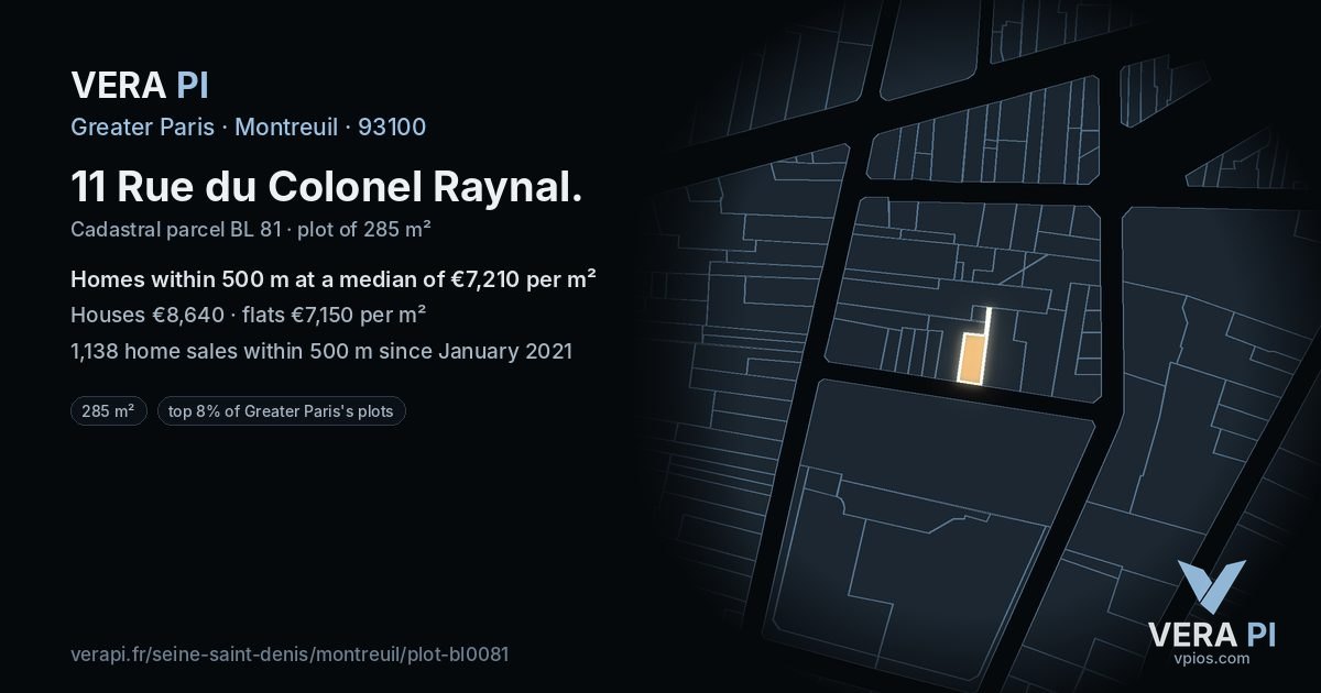 11 Rue du Colonel Raynal, Montreuil at night – the plot lit, the parcels around coloured by the prices near them