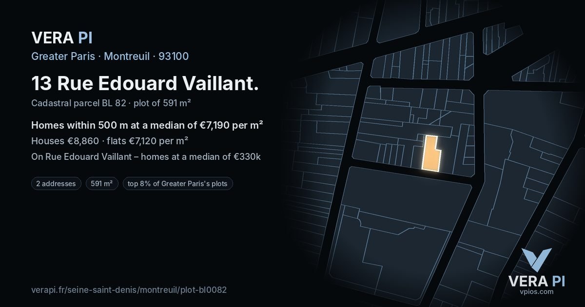 13 Rue Edouard Vaillant, Montreuil at night – the plot lit, the parcels around coloured by the prices near them