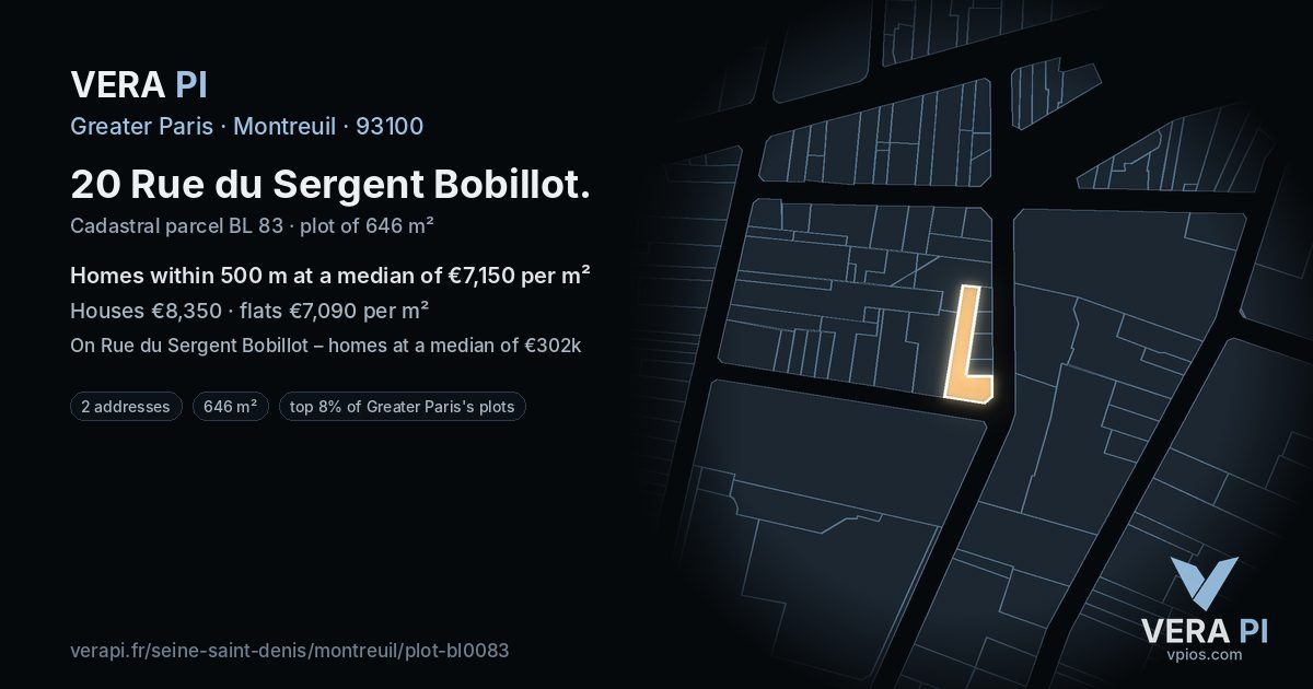 20 Rue du Sergent Bobillot, Montreuil at night – the plot lit, the parcels around coloured by the prices near them