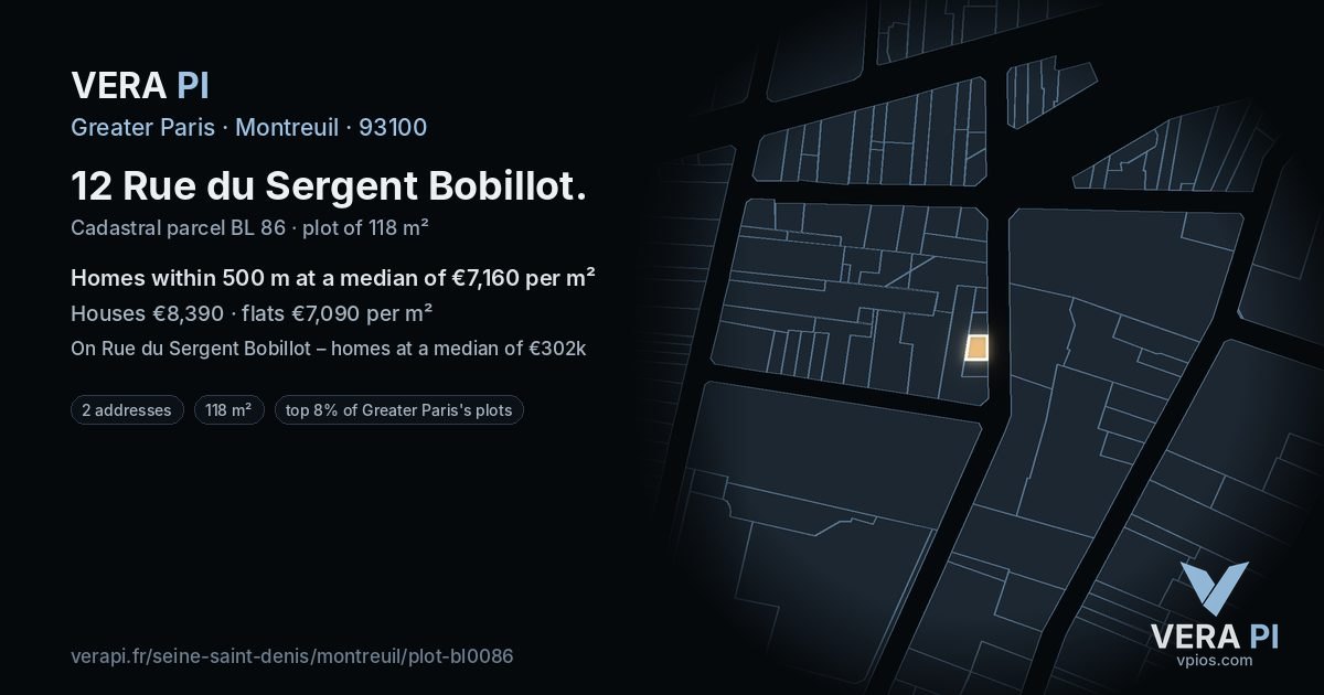 12 Rue du Sergent Bobillot, Montreuil at night – the plot lit, the parcels around coloured by the prices near them