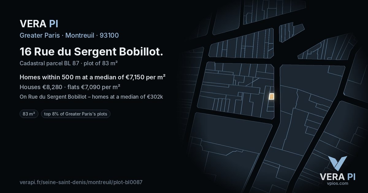 16 Rue du Sergent Bobillot, Montreuil at night – the plot lit, the parcels around coloured by the prices near them