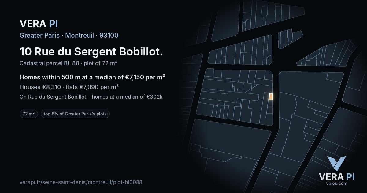 10 Rue du Sergent Bobillot, Montreuil at night – the plot lit, the parcels around coloured by the prices near them