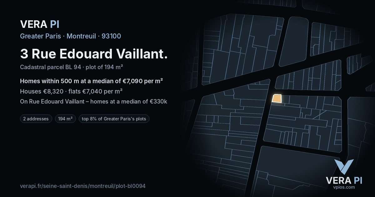 3 Rue Edouard Vaillant, Montreuil at night – the plot lit, the parcels around coloured by the prices near them