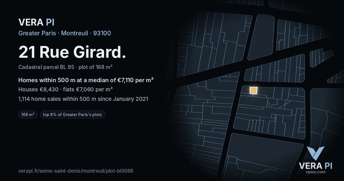 21 Rue Girard, Montreuil at night – the plot lit, the parcels around coloured by the prices near them