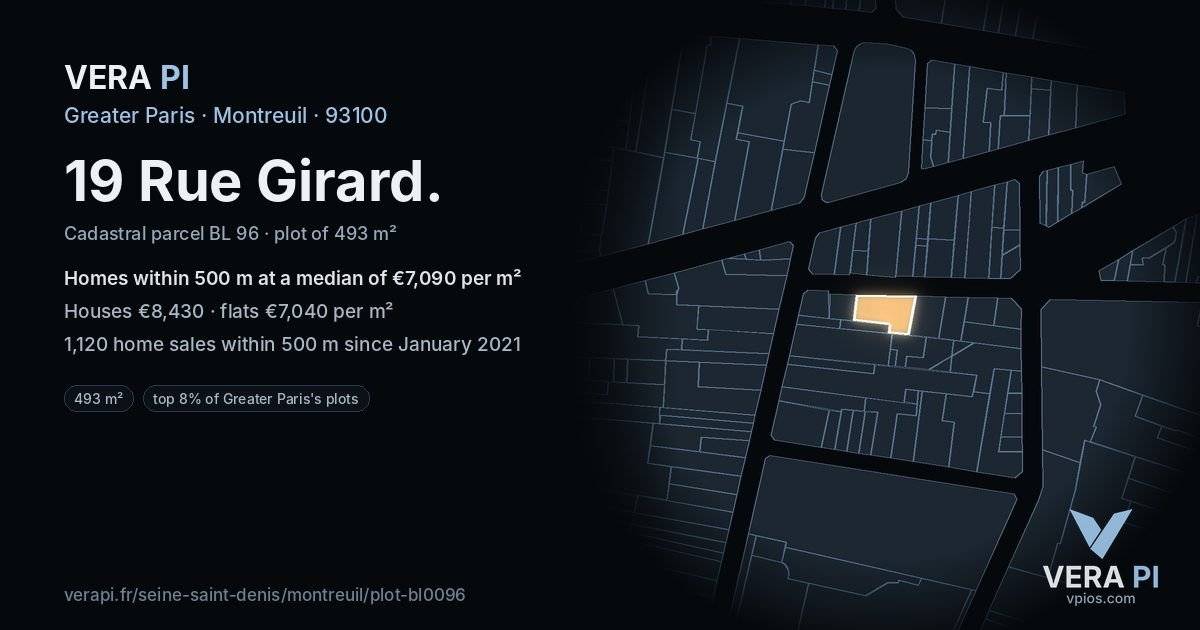 19 Rue Girard, Montreuil at night – the plot lit, the parcels around coloured by the prices near them