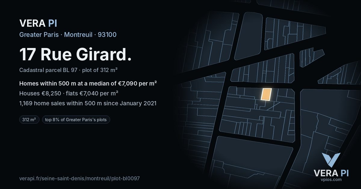 17 Rue Girard, Montreuil at night – the plot lit, the parcels around coloured by the prices near them