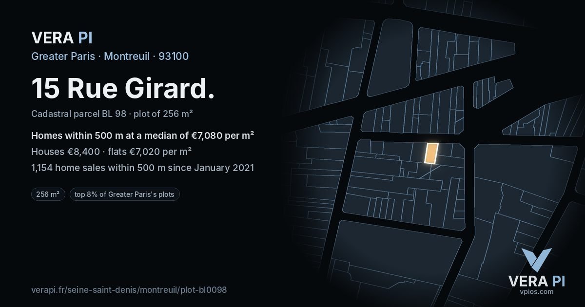 15 Rue Girard, Montreuil at night – the plot lit, the parcels around coloured by the prices near them