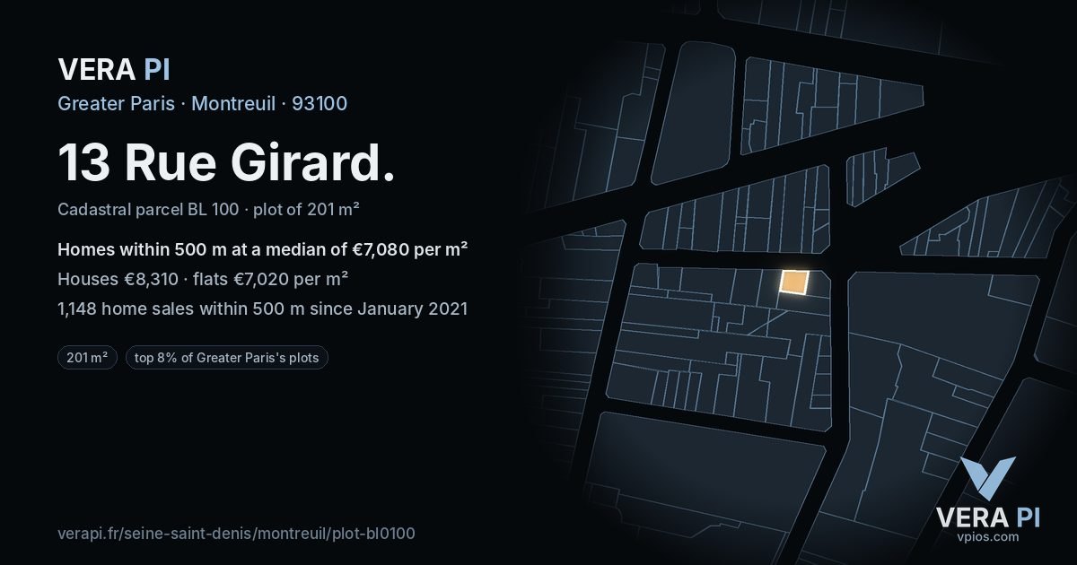 13 Rue Girard, Montreuil at night – the plot lit, the parcels around coloured by the prices near them