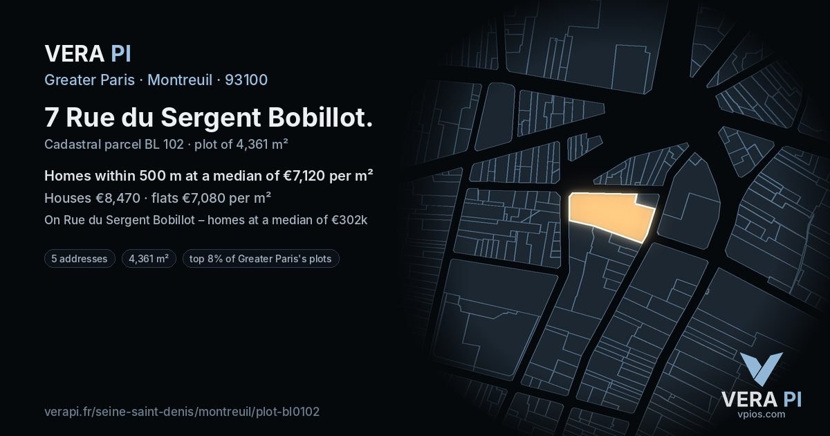 7 Rue du Sergent Bobillot, Montreuil at night – the plot lit, the parcels around coloured by the prices near them