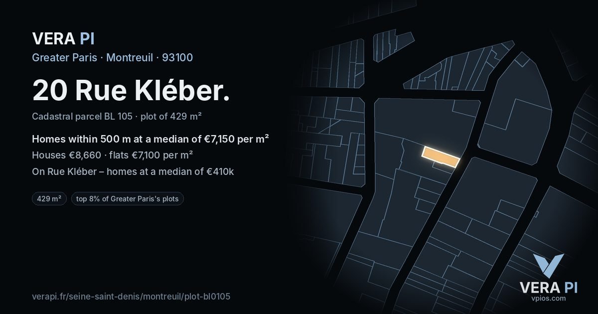 20 Rue Kléber, Montreuil at night – the plot lit, the parcels around coloured by the prices near them