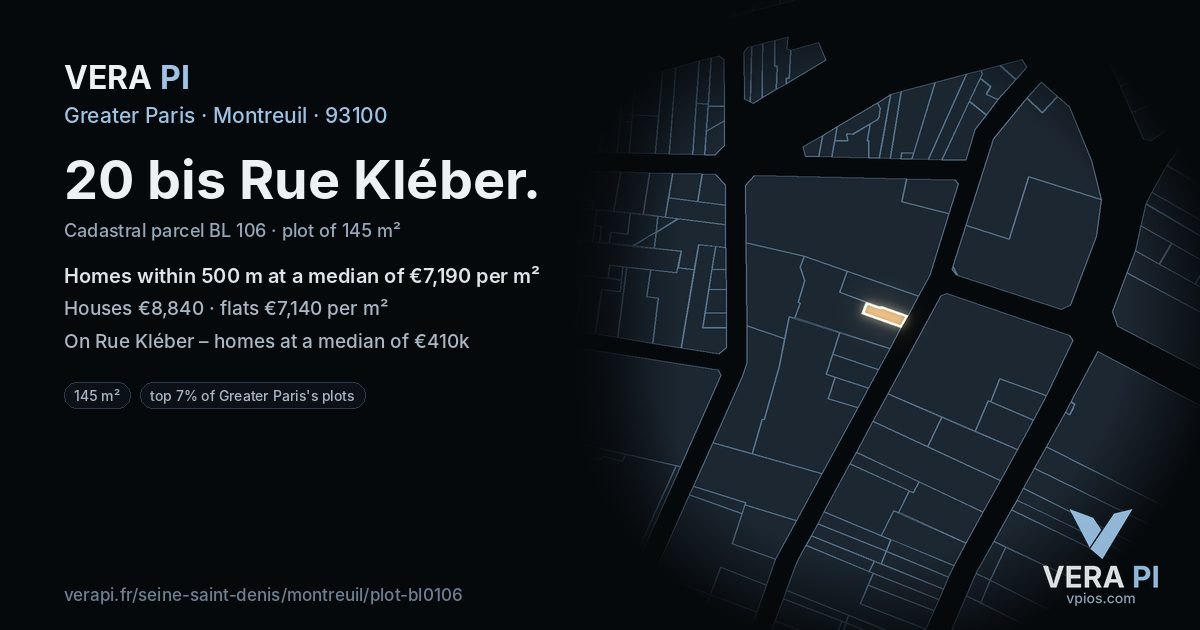20 bis Rue Kléber, Montreuil at night – the plot lit, the parcels around coloured by the prices near them