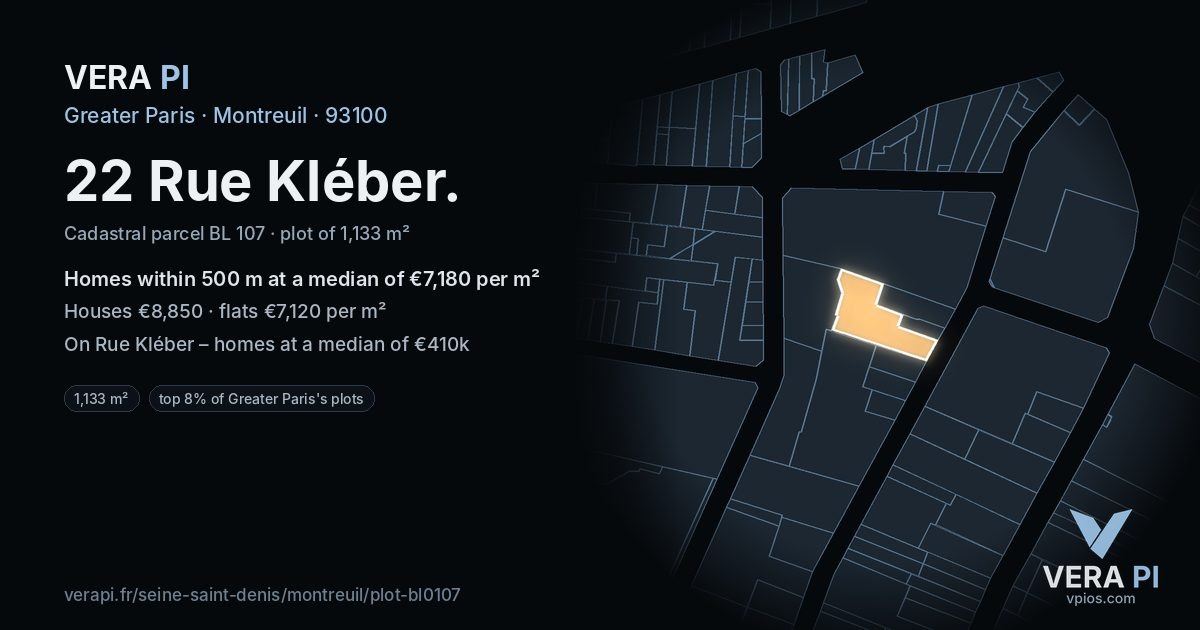 22 Rue Kléber, Montreuil at night – the plot lit, the parcels around coloured by the prices near them